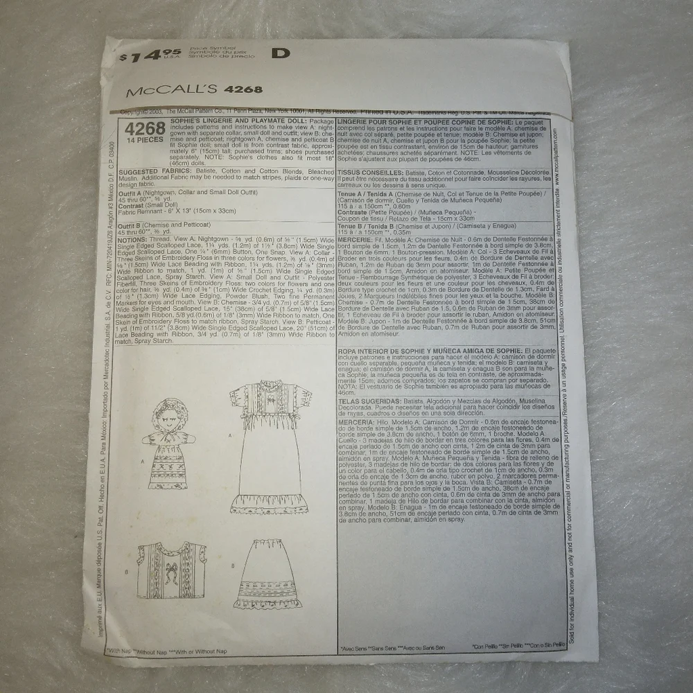 MCCALL'S 4268 Sophie Collection, night gown, underwear, fits most 18